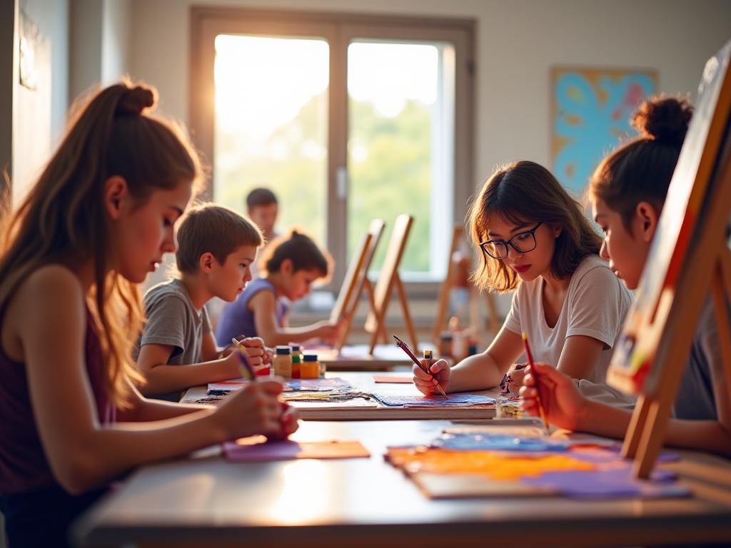 Estudio de arte creativo en Madrid con estudiantes aprendiendo técnicas de pintura